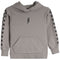 A kids' gray pullover hoodie with a black lightning bolt graphic on the chest and black-and-gray checkered stripes down both sleeves, shown on a plain white background.