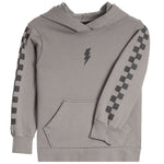 A kids' gray pullover hoodie with a black lightning bolt on the chest and black-and-gray checkered patterns down both sleeves, shown against a plain white background.