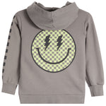 A gray hooded sweatshirt shown from the back, featuring a large circular smiley face graphic with a black and pale yellow checkerboard pattern and black lightning eyes. The left sleeve has a black and white checkered stripe detail.