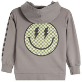 A gray hooded sweatshirt shown from the back, featuring a large circular smiley face graphic with a black and pale yellow checkerboard pattern and black lightning eyes. The left sleeve has a black and white checkered stripe detail.