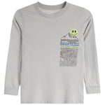 A light gray long-sleeve t-shirt with a graphic on the left chest featuring a mountain, topographic lines, the word 'MOUNTAINS', and a yellow smiley face.