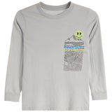 A light gray long-sleeve t-shirt with a graphic on the left chest featuring a mountain, topographic lines, the word 'MOUNTAINS', and a yellow smiley face.
