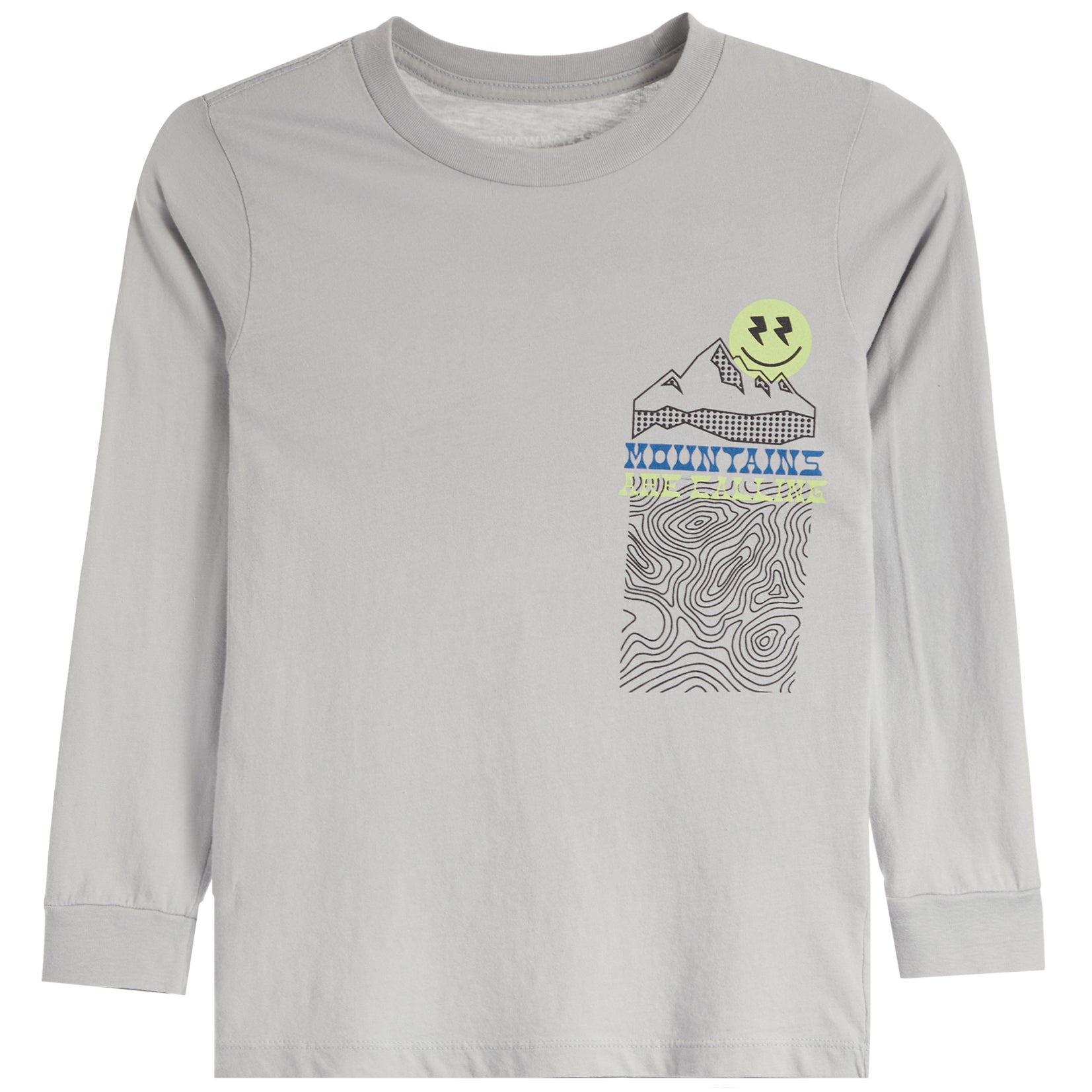 A light gray long-sleeve t-shirt with a graphic on the left chest featuring a mountain, topographic lines, the word 'MOUNTAINS', and a yellow smiley face.