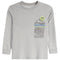 A light gray long-sleeve t-shirt with a graphic on the left chest featuring a mountain, topographic lines, the word 'MOUNTAINS', and a yellow smiley face.