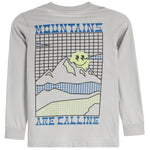 A light gray long-sleeve t-shirt with a graphic print on the front. The graphic features a stylized mountain with a smiling face, blue dotted water, and the text 'MOUNTAINS ARE CALLING' in blue.
