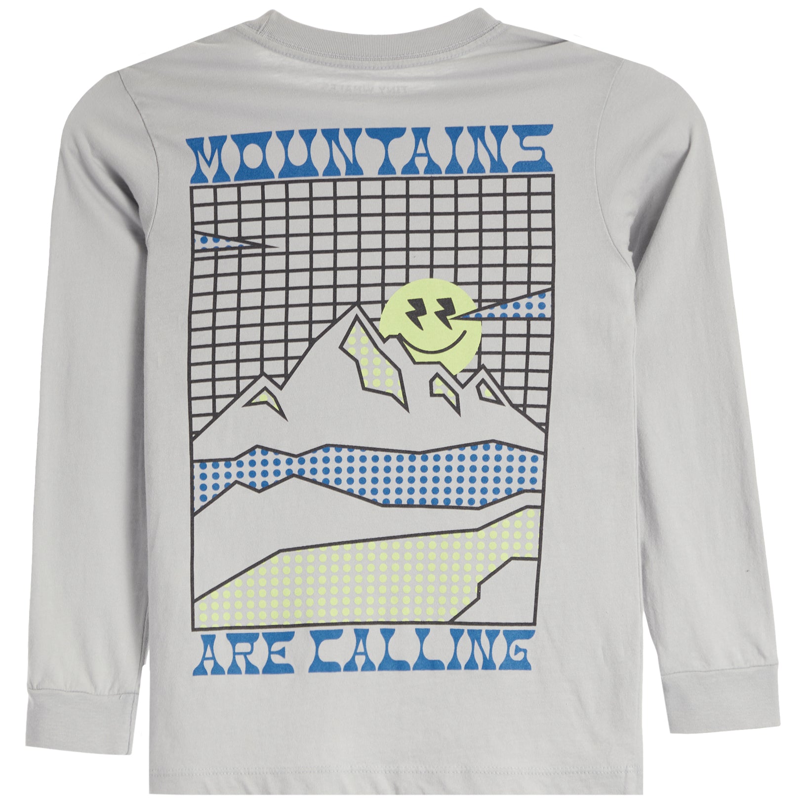 A light gray long-sleeve t-shirt with a graphic print on the front. The graphic features a stylized mountain with a smiling face, blue dotted water, and the text 'MOUNTAINS ARE CALLING' in blue.
