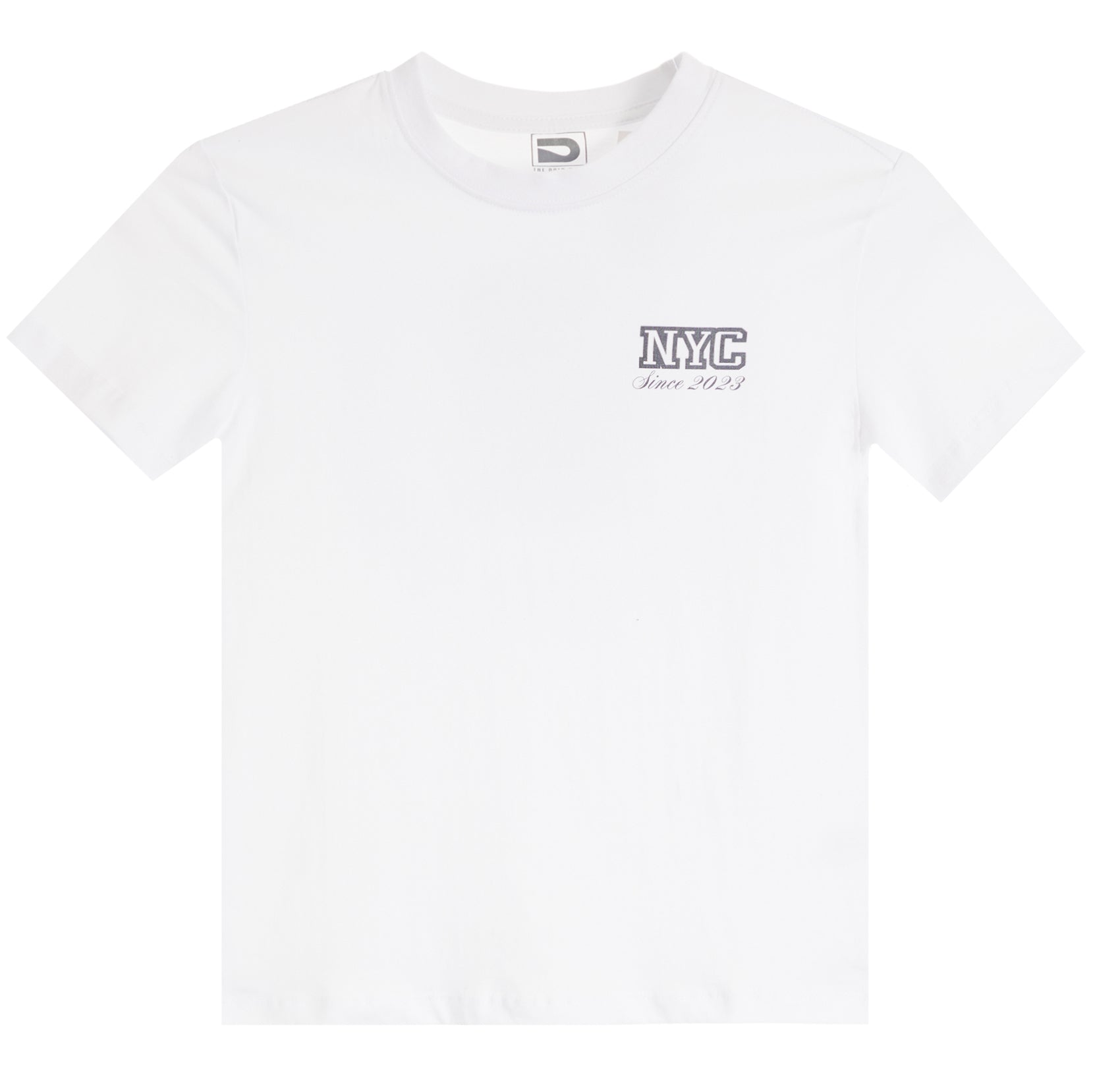 A white short-sleeve crewneck t-shirt with a gray 'NYC Since 2021' graphic printed on the left chest, displayed flat against a white background.