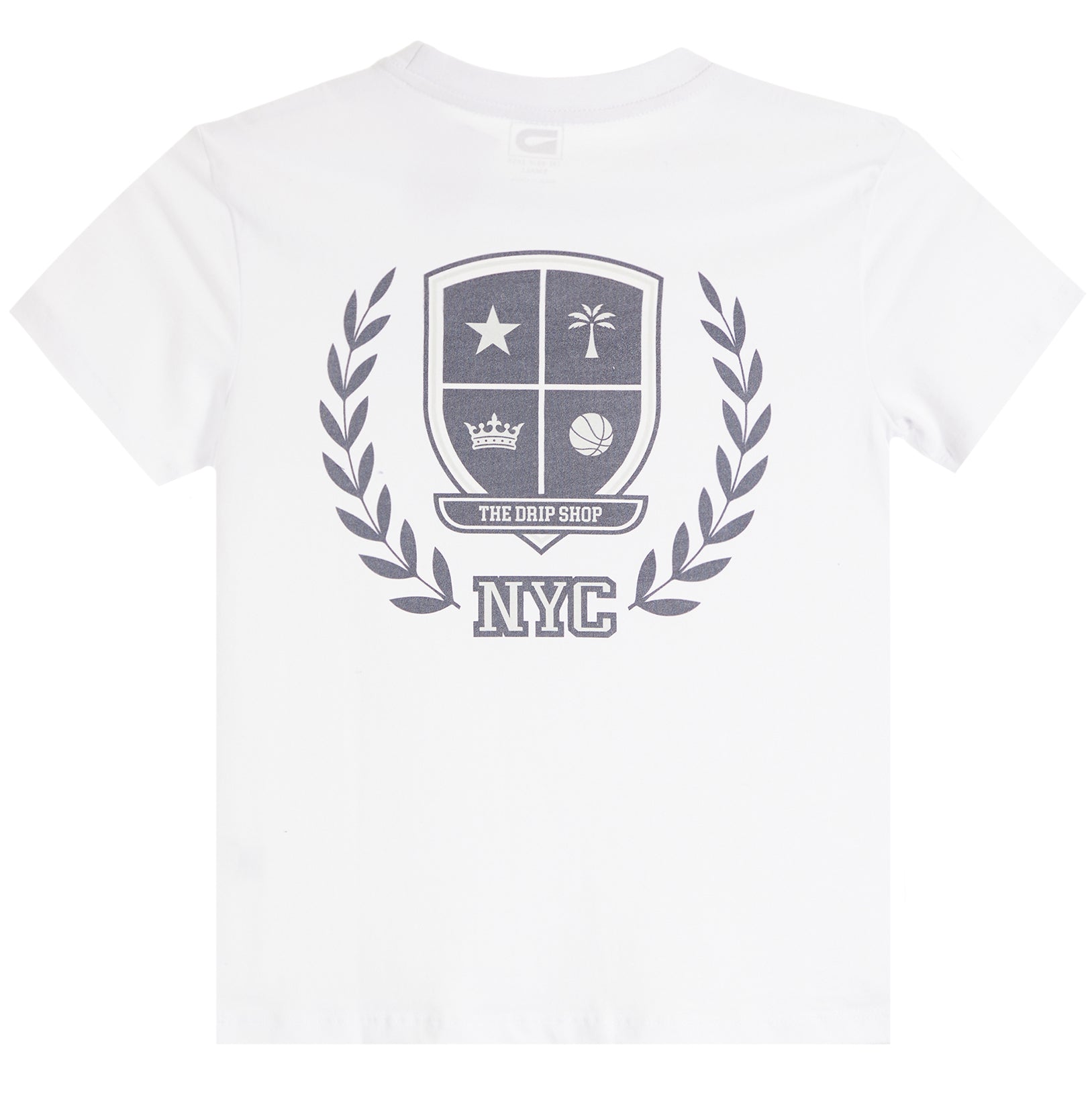A white short-sleeve crewneck t-shirt featuring a gray graphic print on the front. The graphic displays a shield crest with a star, palm tree, crown, and golf ball, surrounded by a laurel wreath and the text 'THE GOLF SHOP' and 'NYC'.