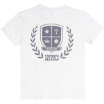 A white short-sleeve crewneck t-shirt featuring a gray graphic print on the front. The graphic displays a shield crest with a star, palm tree, crown, and golf ball, surrounded by a laurel wreath and the text 'THE GOLF SHOP' and 'NYC'.