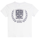 A white short-sleeve crewneck t-shirt featuring a gray graphic print on the front. The graphic displays a shield crest with a star, palm tree, crown, and golf ball, surrounded by a laurel wreath and the text 'THE GOLF SHOP' and 'NYC'.
