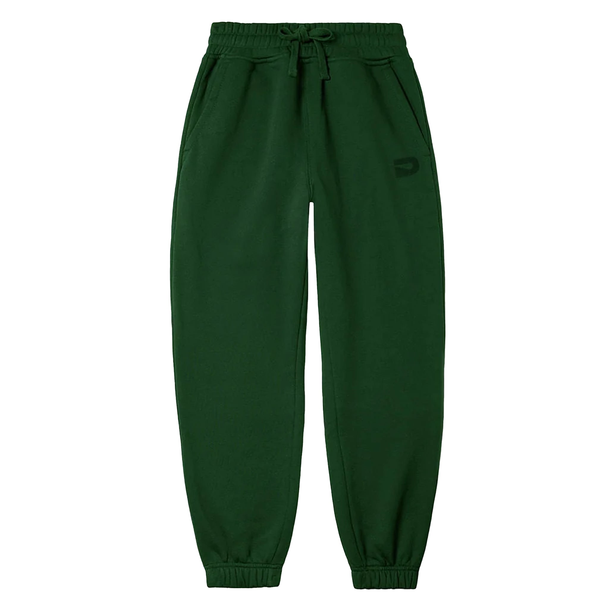 Dark green jogger sweatpants with an elastic drawstring waist and elastic cuffs, shown flat on a white background.