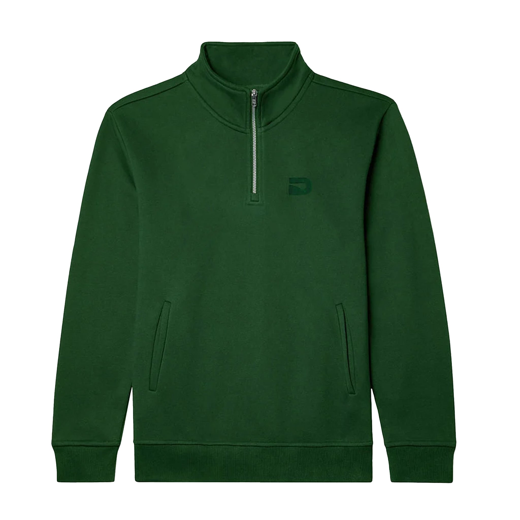 A dark green long-sleeve quarter-zip sweatshirt with a mock neck collar, featuring a small tonal embroidered logo on the left chest and two front hand pockets, shown against a plain white background.