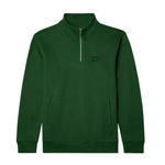 A dark green long-sleeve quarter-zip sweatshirt with a mock neck collar, featuring a small tonal embroidered logo on the left chest and two front hand pockets, shown against a plain white background.