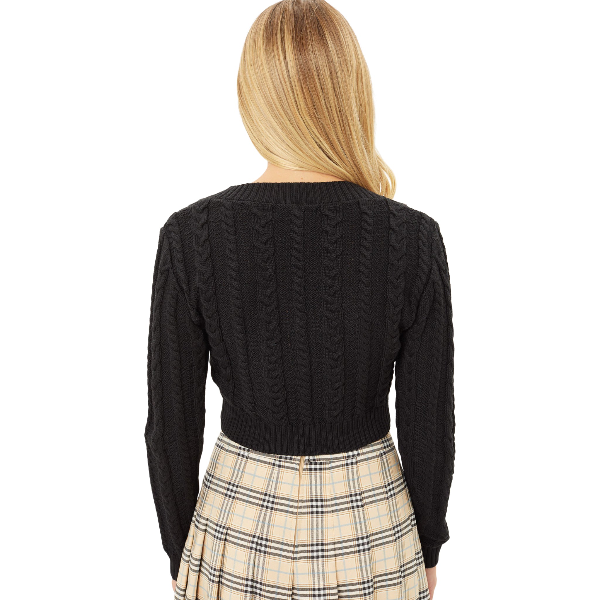 Cropped Cableknit V-Neck Sweater - Denny's