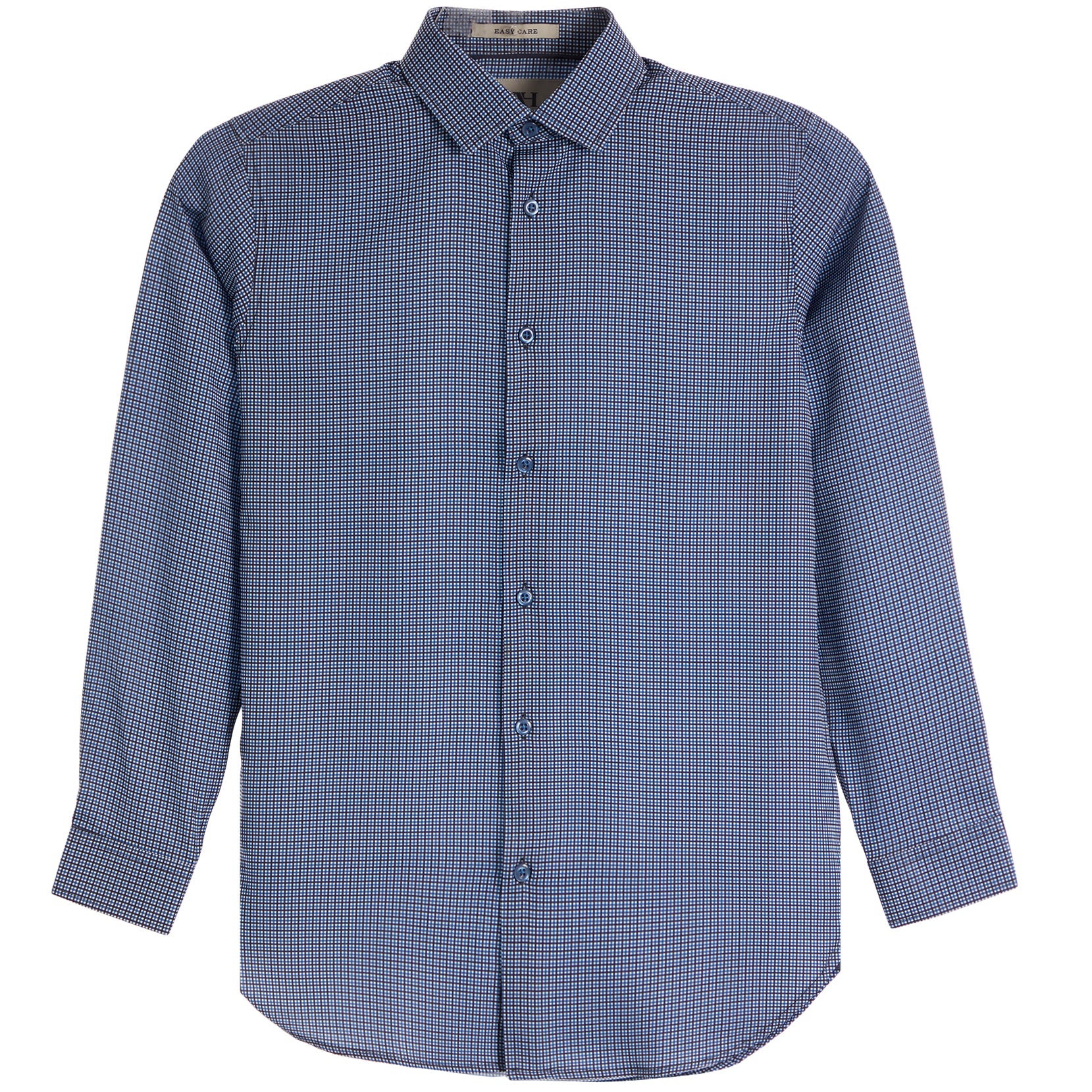 A long-sleeve button-down shirt with a blue and red micro-check pattern, displayed on a clean white background.
