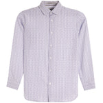 A long-sleeve button-down shirt with a fine micro-pattern of small red and blue dots on a white base, presented on a clean white background.
