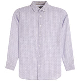 A long-sleeve button-down shirt with a fine micro-pattern of small red and blue dots on a white base, presented on a clean white background.