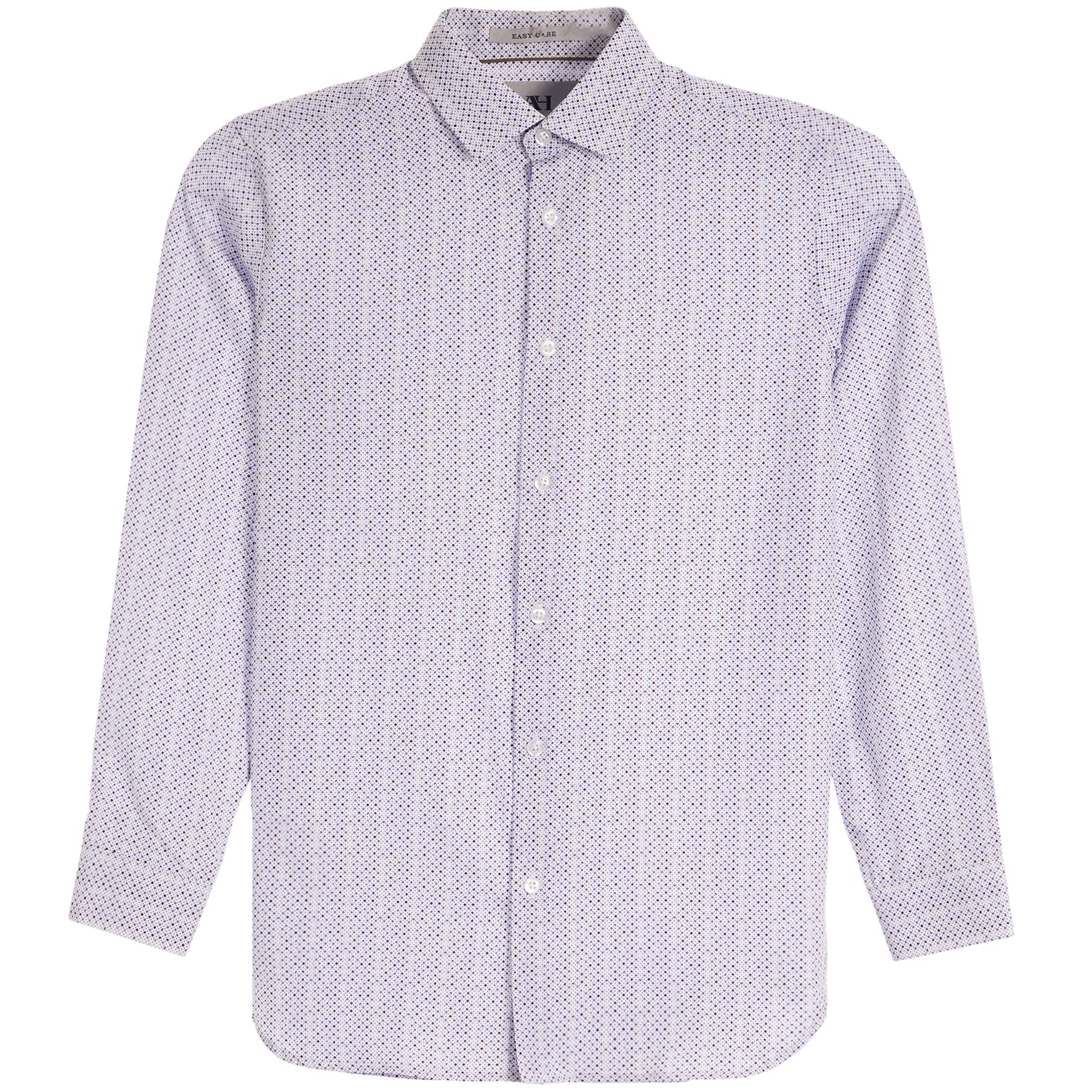 A long-sleeve button-down shirt with a fine micro-pattern of small red and blue dots on a white base, presented on a clean white background.