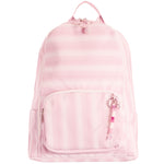 A light pink striped backpack with a front zippered pocket, side pockets, and a decorative pink beaded charm, shown against a plain white background.