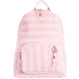 A light pink striped backpack with a front zippered pocket, side pockets, and a decorative pink beaded charm, shown against a plain white background.