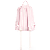 A light pink canvas backpack shown from the back, featuring shoulder straps and adjustable buckles, set against a plain white background.