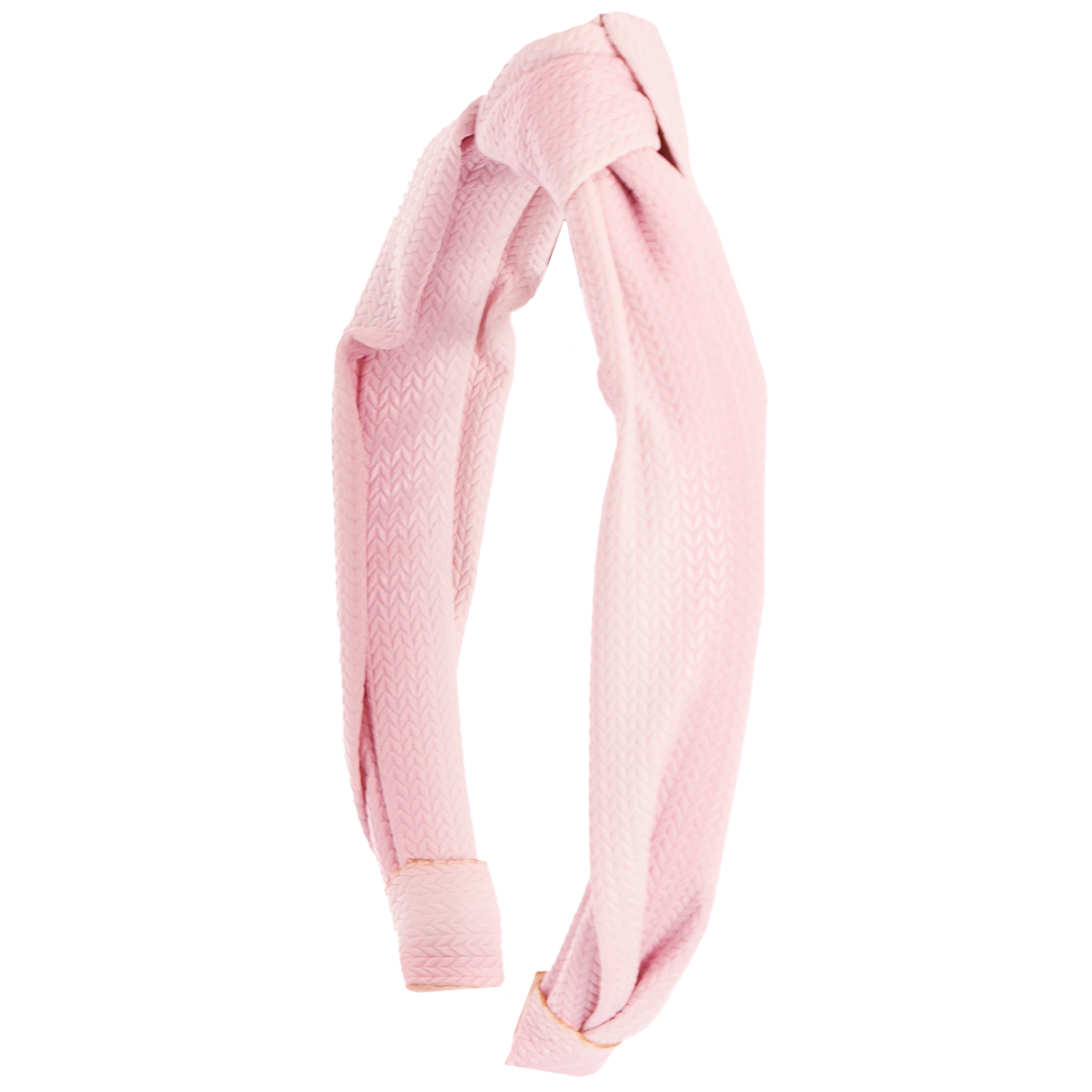 A light pink textured fabric headband with a knotted top, shown on a plain white background.
