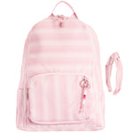 A light pink striped backpack with a front zippered pocket, side pockets, and a decorative pink beaded charm, shown against a plain white background. Matching pink headband on the side. 
