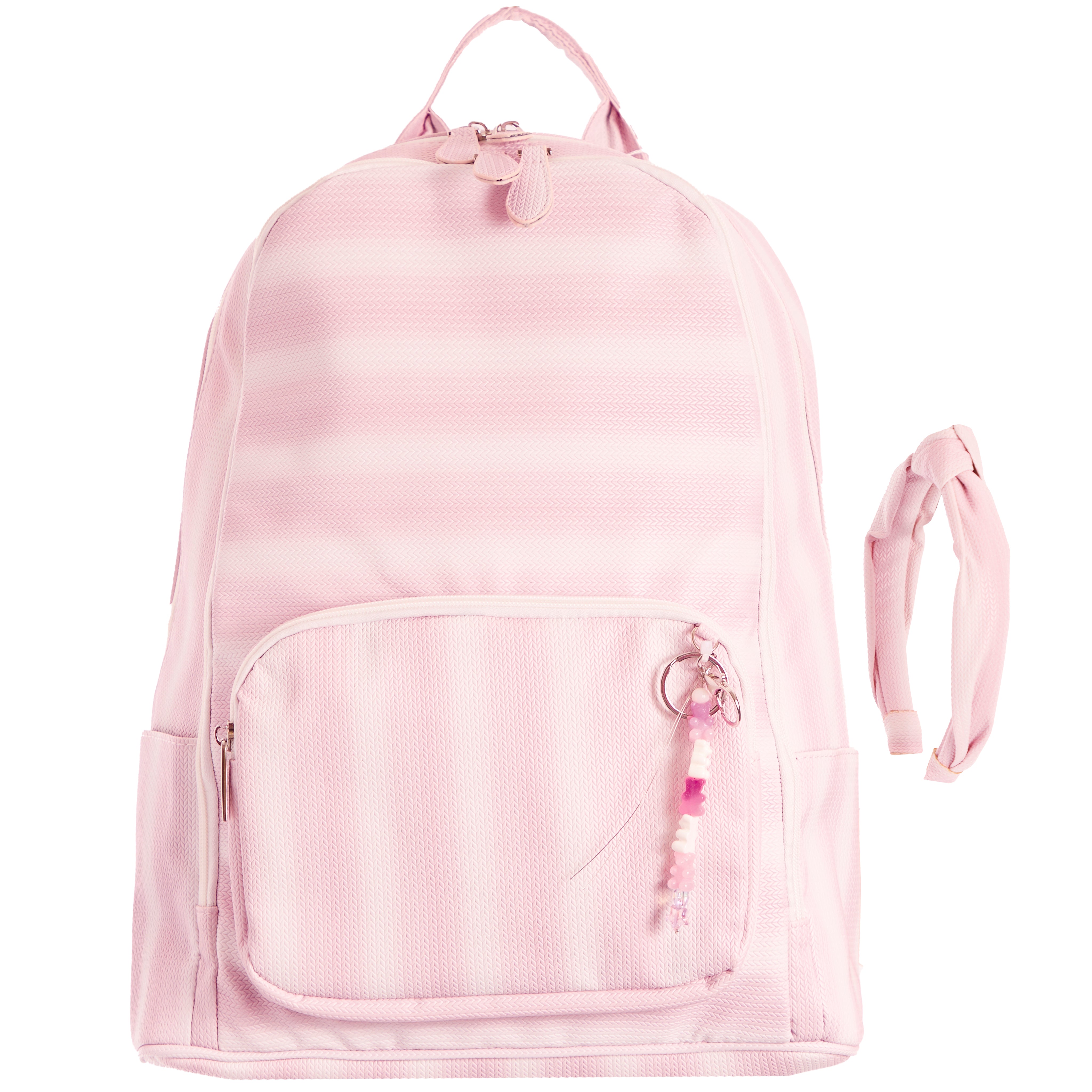 A light pink striped backpack with a front zippered pocket, side pockets, and a decorative pink beaded charm, shown against a plain white background. Matching pink headband on the side. 