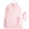 A light pink striped backpack with a front zippered pocket, side pockets, and a decorative pink beaded charm, shown against a plain white background. Matching pink headband on the side. 