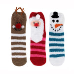 Three Christmas-themed socks featuring a reindeer, Santa Claus, and snowman design on a white background.
