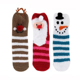 Three Christmas-themed socks featuring a reindeer, Santa Claus, and snowman design on a white background.