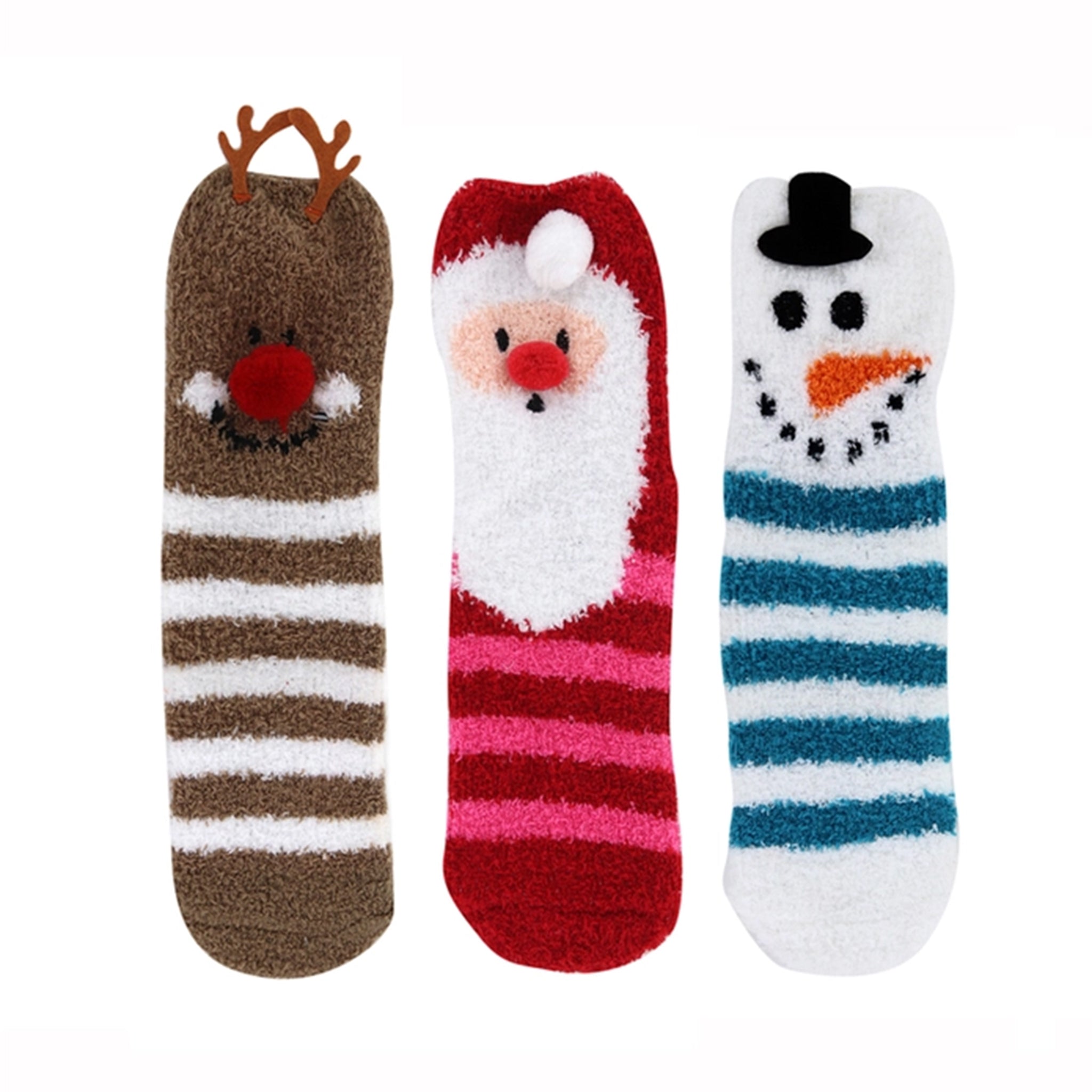 Three Christmas-themed socks featuring a reindeer, Santa Claus, and snowman design on a white background.
