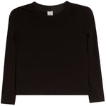 A black long-sleeve crewneck knit top, shown flat against a plain white background.