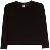 A black long-sleeve crewneck knit top, shown flat against a plain white background.