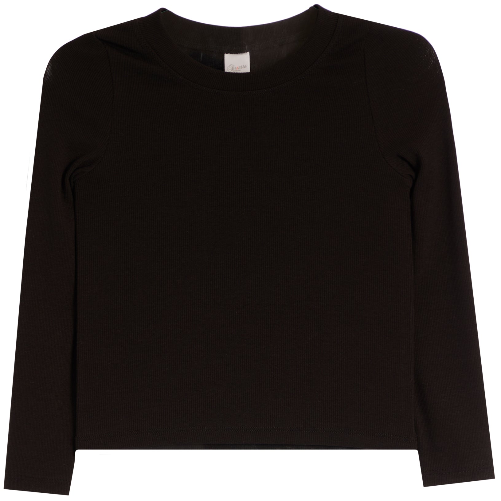 A black long-sleeve crewneck knit top, shown flat against a plain white background.