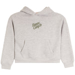A light heather gray cropped hoodie sweatshirt with a kangaroo pocket and a small green 'Happy Camp3r' logo printed on the left chest, shown against a plain white background.