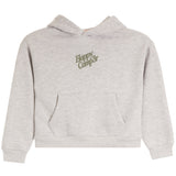 A light heather gray cropped hoodie sweatshirt with a kangaroo pocket and a small green 'Happy Camp3r' logo printed on the left chest, shown against a plain white background.