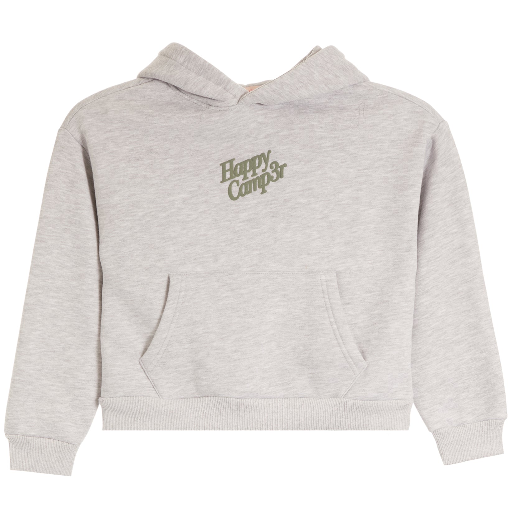 A light heather gray cropped hoodie sweatshirt with a kangaroo pocket and a small green 'Happy Camp3r' logo printed on the left chest, shown against a plain white background.