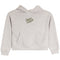 A light heather gray cropped hoodie sweatshirt with a kangaroo pocket and a small green 'Happy Camp3r' logo printed on the left chest, shown against a plain white background.