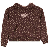 A dark brown pullover hoodie with an all-over beige floral pattern and a 'Happy Camp3r' logo printed on the chest, displayed against a solid white background.