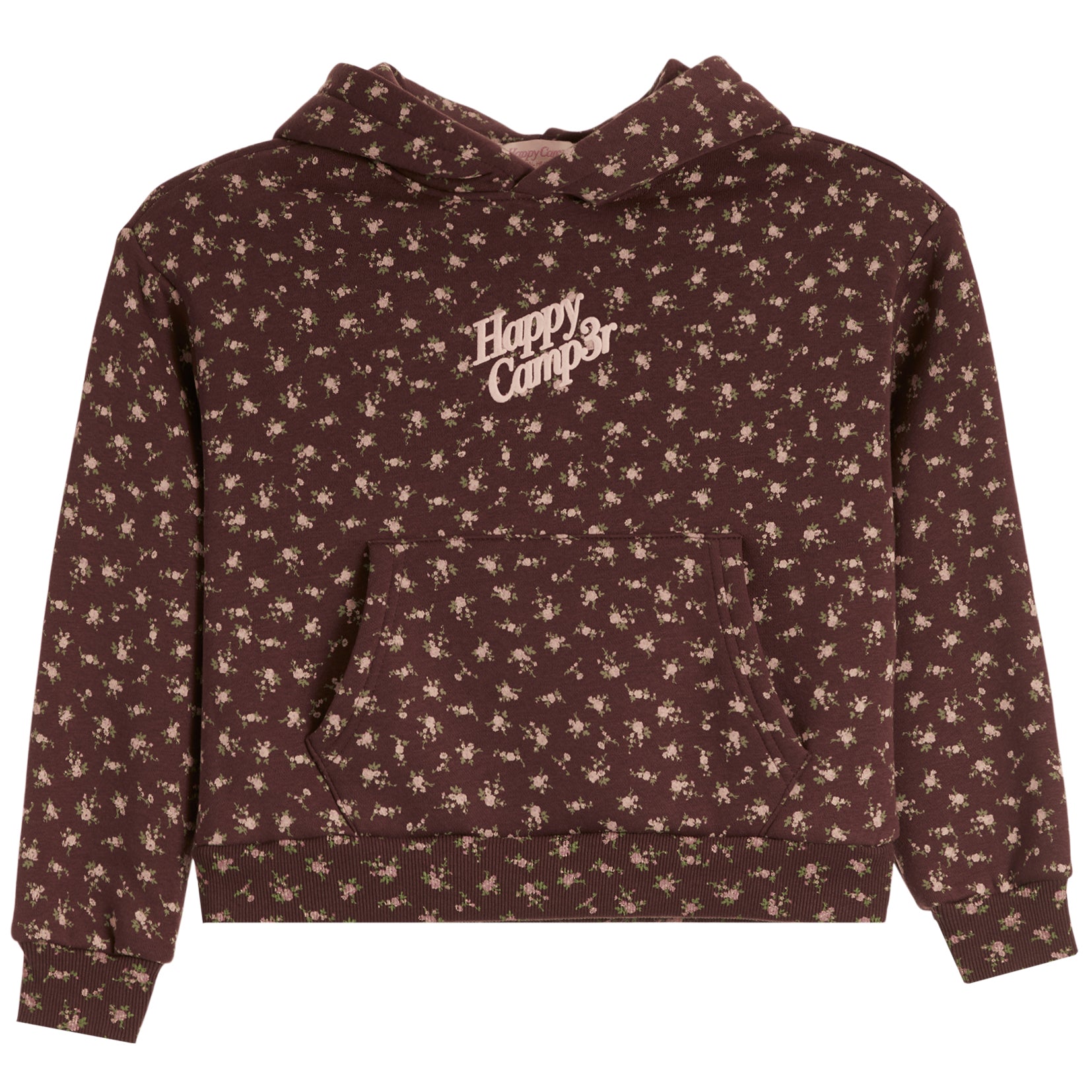 A dark brown pullover hoodie with an all-over beige floral pattern and a 'Happy Camp3r' logo printed on the chest, displayed against a solid white background.