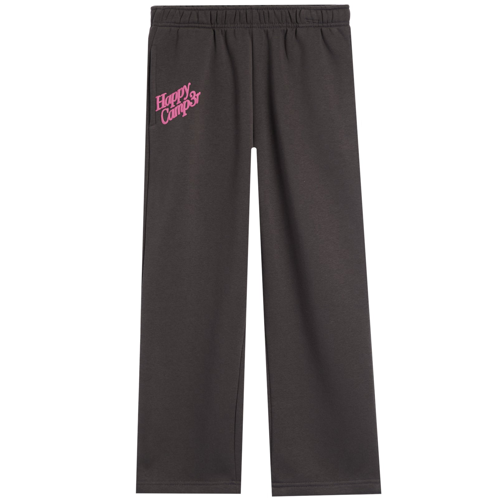 Dark gray sweatpants with a pink 'Happy Camp3r' logo on the left thigh, shown against a plain white background.