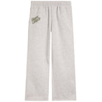 Light heather gray sweatpants with an elastic waistband and a small olive green 'Happy Camp3r' logo printed on the left hip, shown against a plain white background.