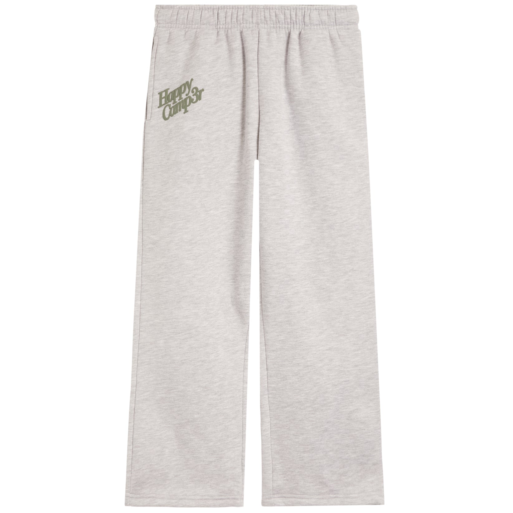 Light heather gray sweatpants with an elastic waistband and a small olive green 'Happy Camp3r' logo printed on the left hip, shown against a plain white background.