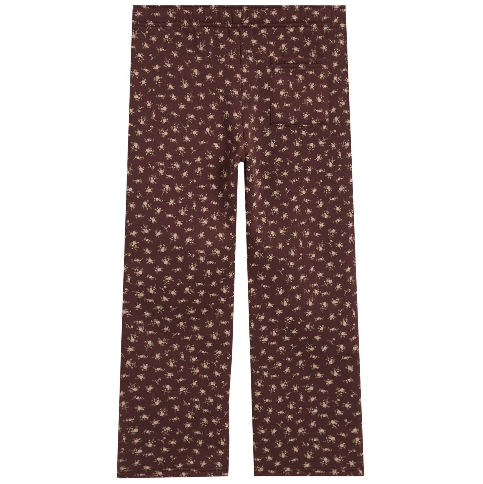 A pair of dark brown pants featuring a small, repeating beige abstract floral pattern, shown flat against a solid white background.