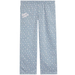 Light blue fleece pants with a white ditsy floral print and 'Happy Camp3r' text on the left thigh, shown flat on a white background.