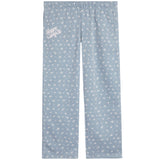 Light blue fleece pants with a white ditsy floral print and 'Happy Camp3r' text on the left thigh, shown flat on a white background.