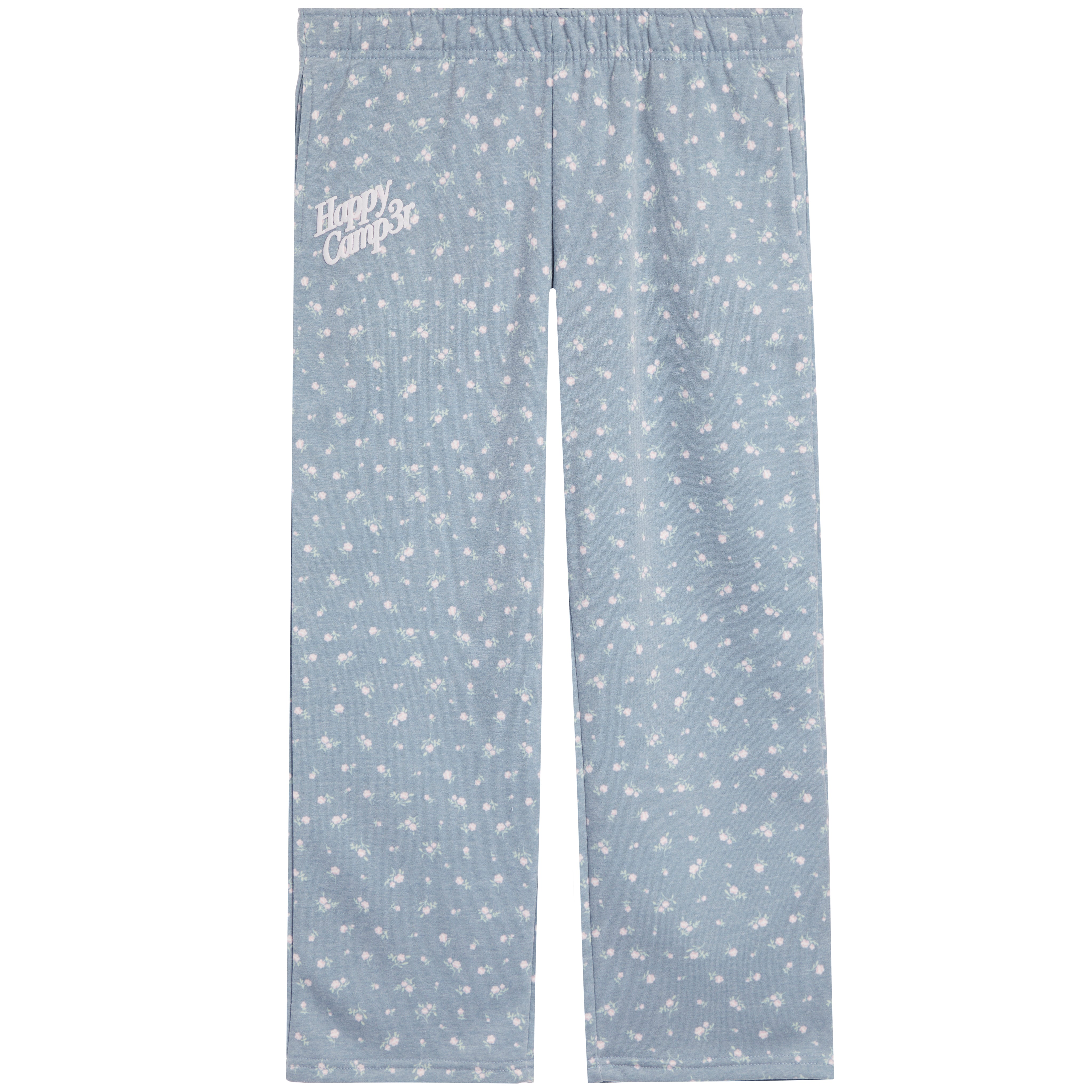 Light blue fleece pants with a white ditsy floral print and 'Happy Camp3r' text on the left thigh, shown flat on a white background.