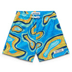Colorful athletic shorts with abstract blue and yellow pattern on a white background