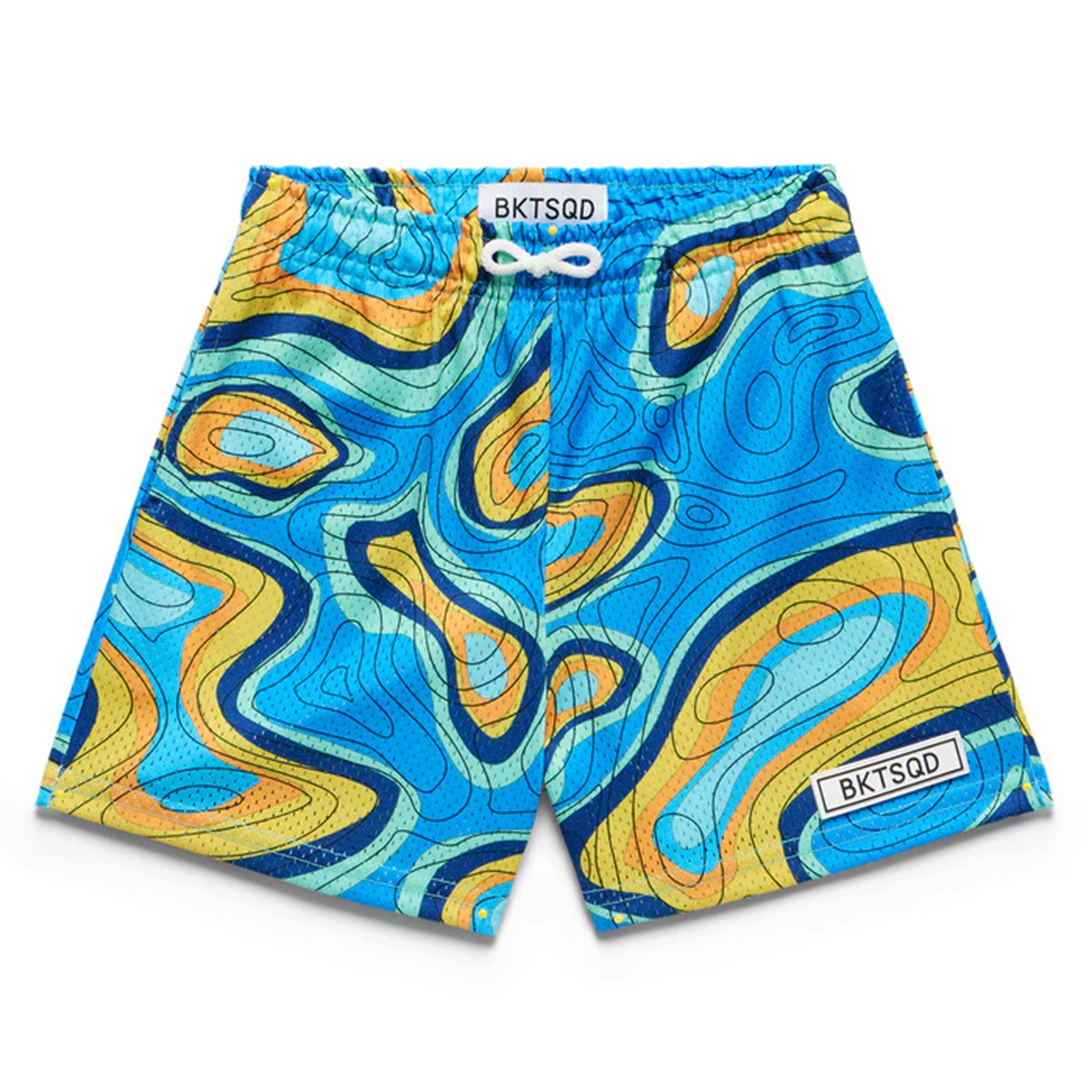Colorful athletic shorts with abstract blue and yellow pattern on a white background